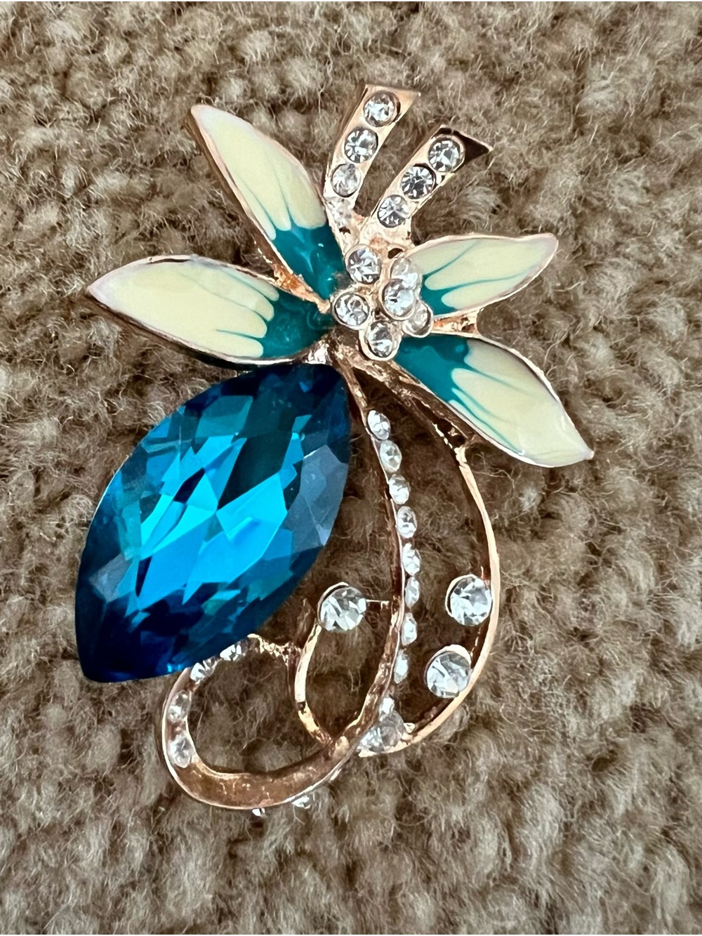 Teal Blue Crystal Floral Brooch with Ivory Enamel Petals